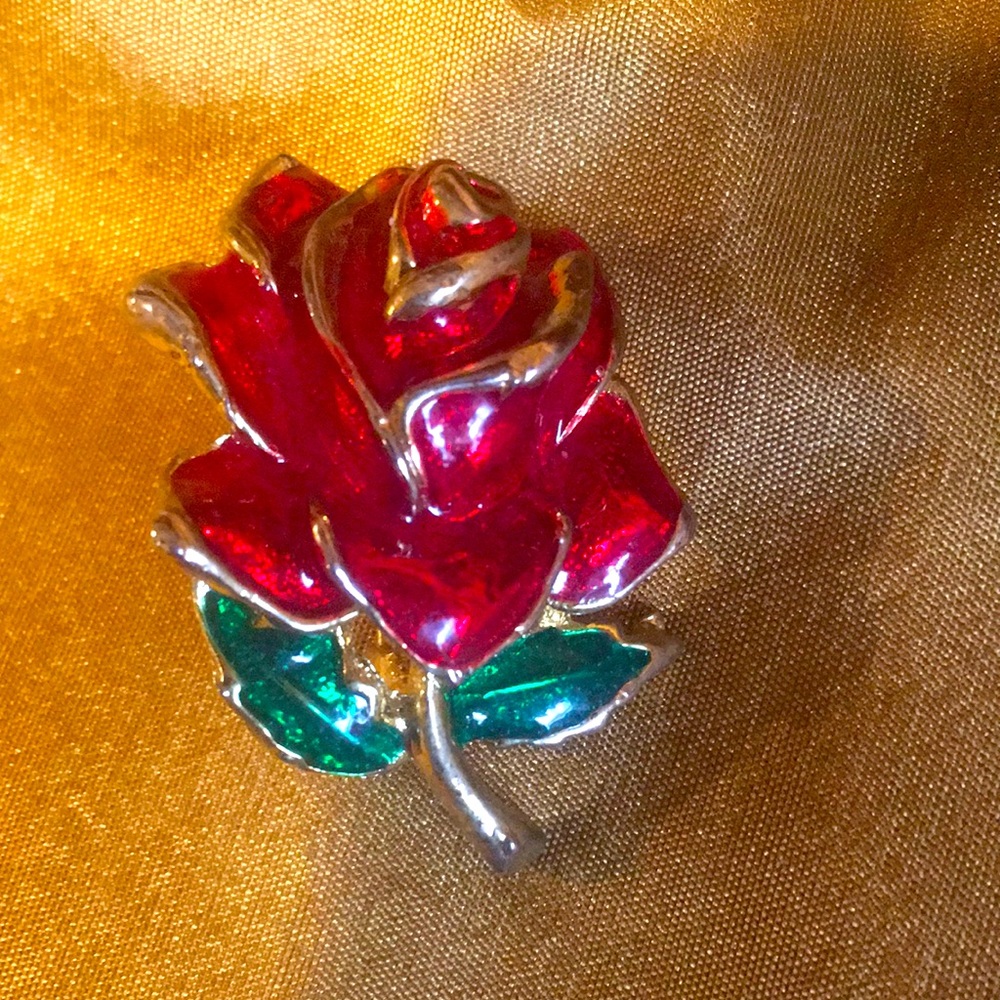 Vintage gold colored red and green rose brooch